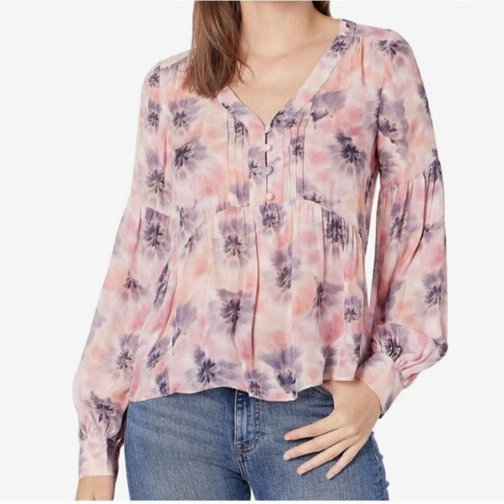 Parker Small Blouse Silk Pink Purple Tie Dye Floral Long Sleeve Baby Doll Top‎